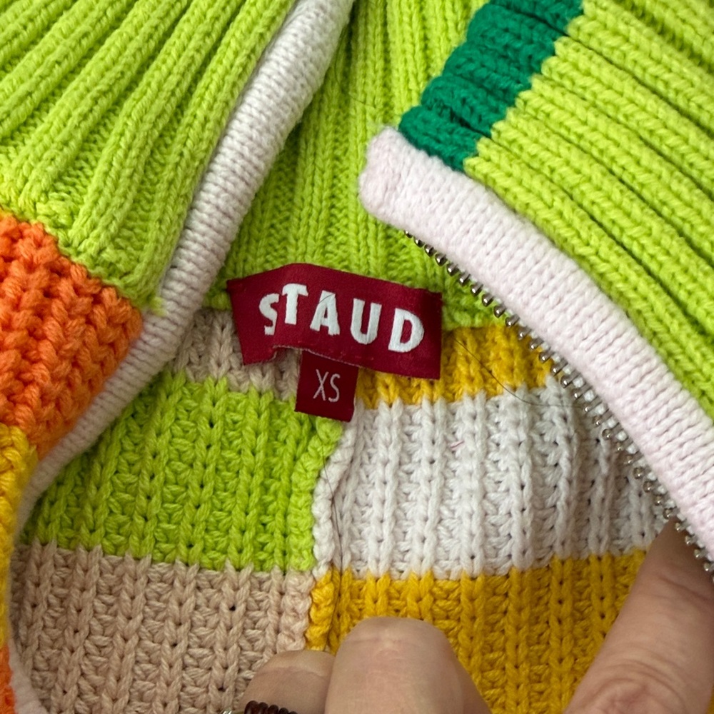 STAUD Neon Green, Yellow & Cream Striped Half-Zip Sweater - Picture 5 of 6